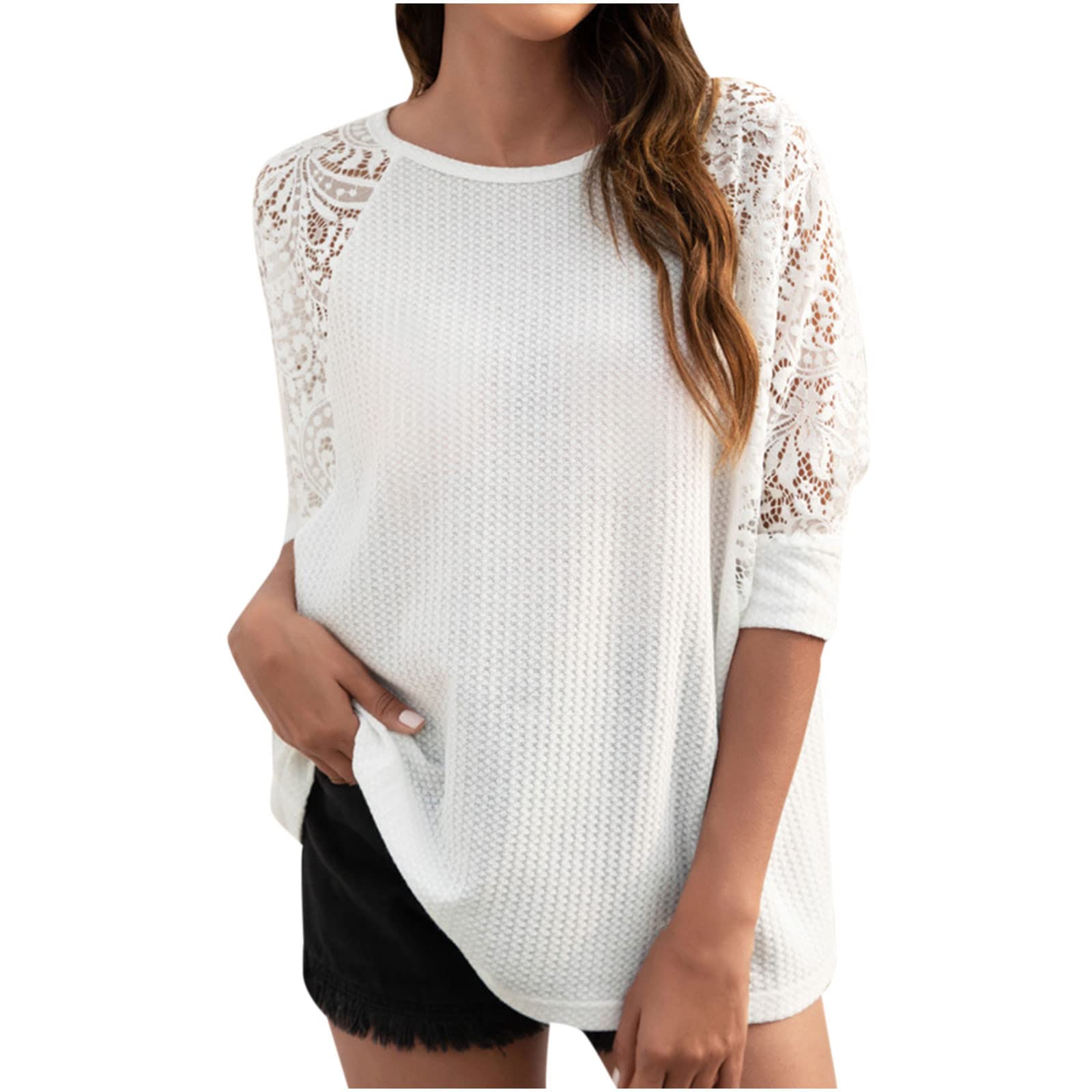 2023 Women's Spring Tops - 3/4 Lace Sleeve Crew Neck Pullover Sweater | Trendy Casual & Dressy Blouse for Work, Date Night & Going Out