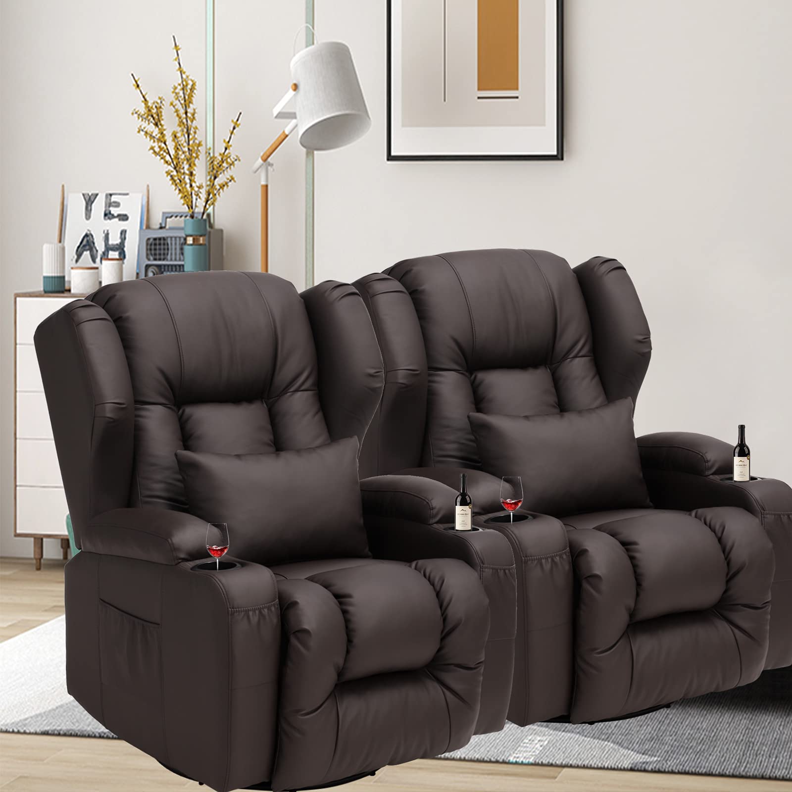 BINGTOO Swivel Rocker Recliner Chair - Ergonomic Manual Glider Recliner with Lumbar Support, Cup Holders & Storage Pockets - PU Leather Living Room Chair for Home Theater, Nursery, or Office (Brown, 2-Piece Set)