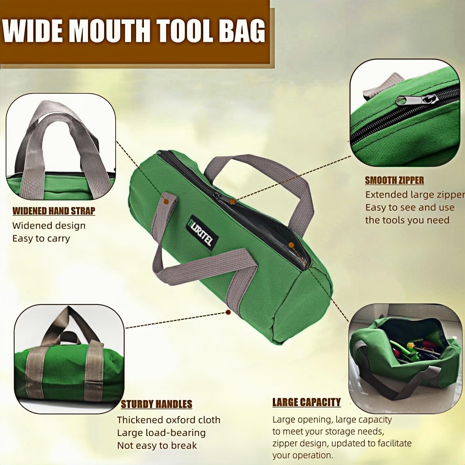 BLIRITEL 12 Inch Heavy Duty Canvas Tool Bag for Men - Large Capacity Wide Mouth Tool Organizer with Multiple Pockets - Perfect for Mechanics, Electricians, Plumbers & DIY Enthusiasts - Ideal for Storing Wrenches, Pliers, Screwdrivers & Hand Tools (Green) - Great for Workshops, Job Sites & Home Garage Use