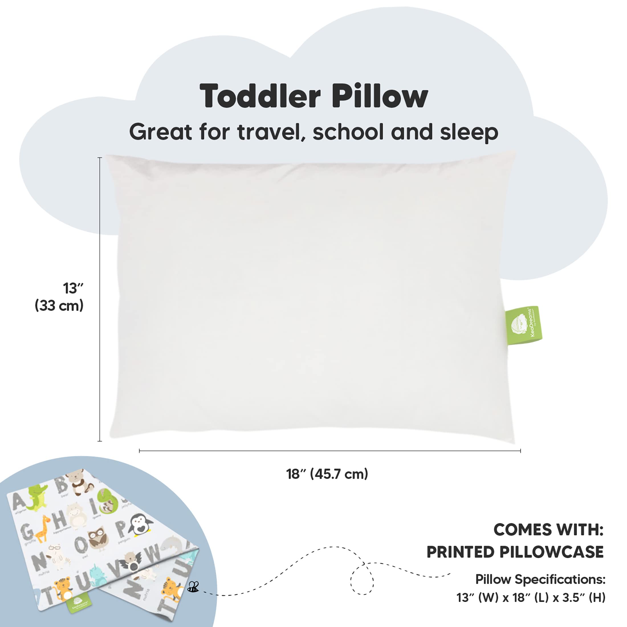 KeaBabies Organic Cotton Toddler Pillow with Pillowcase - 13x18 Inch My Little Dreamy Pillow for Kids Ages 2-5 | Soft & Hypoallergenic Sleeping Pillow for Toddler Bed, Travel & Nap Time | Perfect for Daycare, Car Rides & Airplane Trips