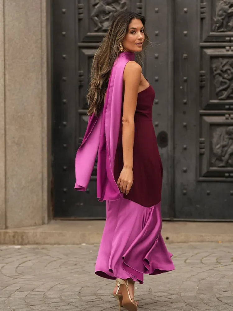 2025 Fashionable Purple Shawl Collar Off-Shoulder Maxi Dress with Contrast Spliced Pleated Hem & Backless Design - Elegant Party Gown for Women | Perfect for Evening Galas, Weddings & Special Occasions