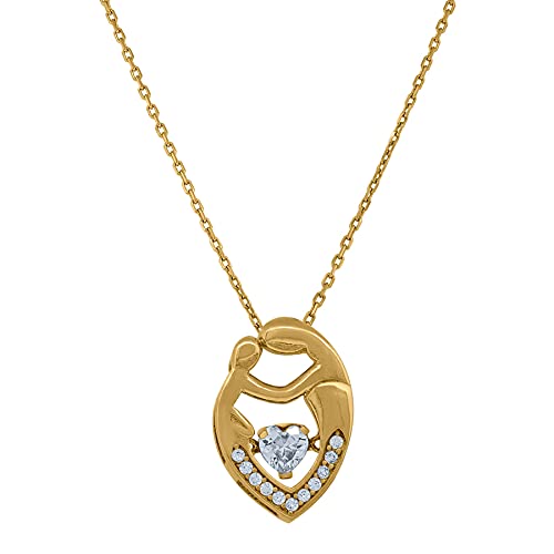 14K Yellow Gold Women's Love Heart & Round CZ Cubic Zirconia Simulated Diamond Mother-Child Charm Pendant Necklace | Elegant Gift for Mom, Valentine's Day & Anniversary Jewelry