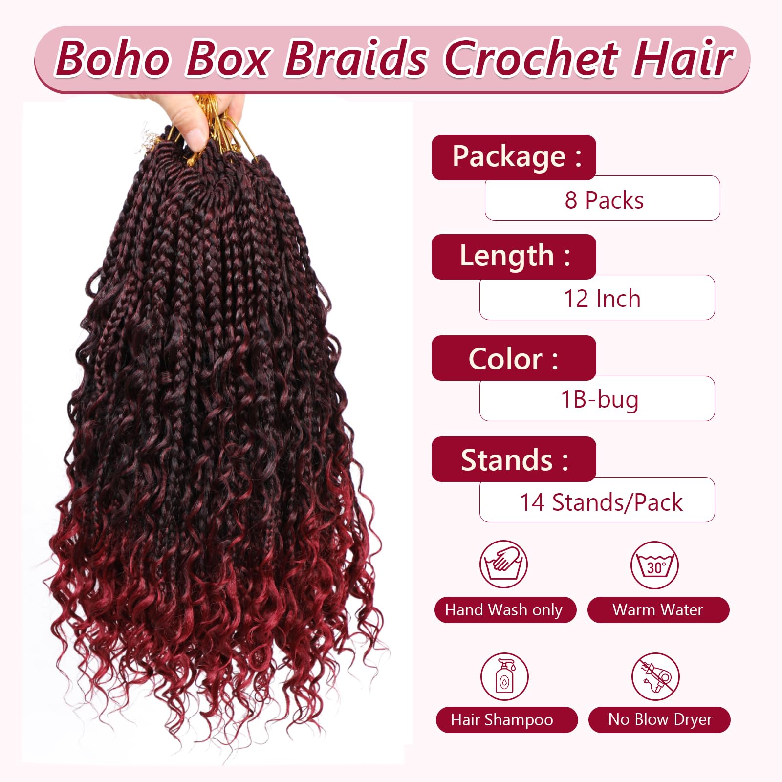 8 Packs Box Braids Crochet Hair Extensions with Curly Ends - 12 Inch Synthetic Braiding Hair for Women - Perfect for Protective Styles, Natural Look & Everyday Wear (1B/Bug, 8 Packs)