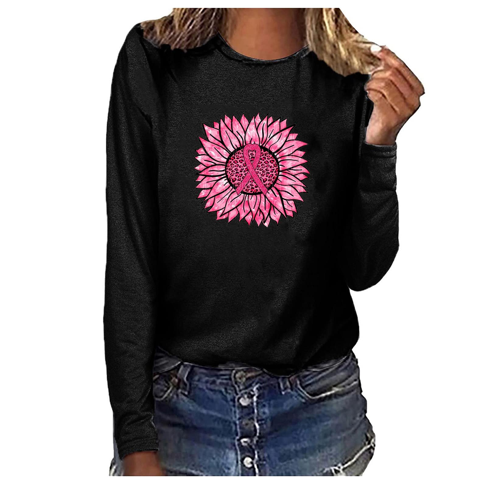 Women's Pink Ribbon Printed Pullover Sweatshirt - Casual Long Sleeve Loose Fit Graphic Top for Workout, Lounge & Everyday Wear