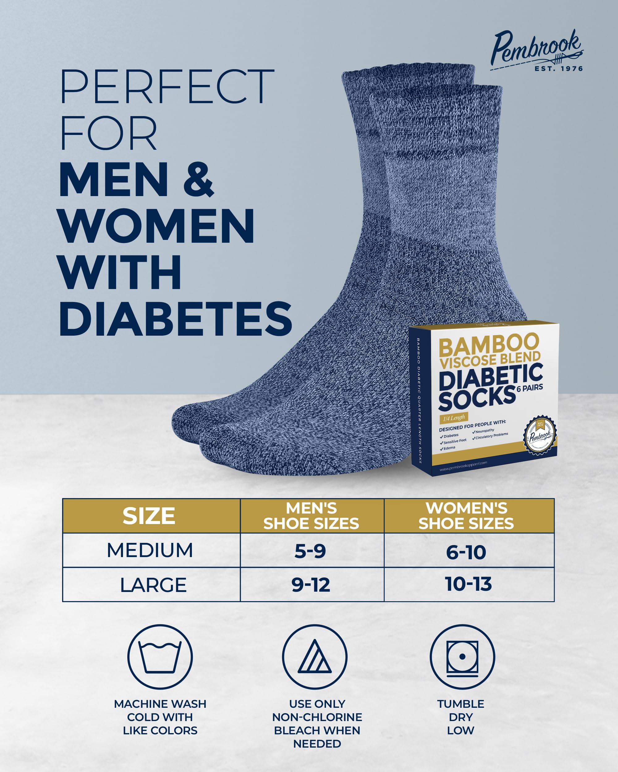 Pembrook Bamboo Viscose Diabetic Socks for Women & Men - 6 Pairs Breathable Ankle Socks for Swollen Feet, Neuropathy Relief | Moisture-Wicking, Non-Binding Comfort Socks in Black, White, Beige, Aqua, Blue, Navy | Ideal for Diabetes Care, Travel & Daily Wear