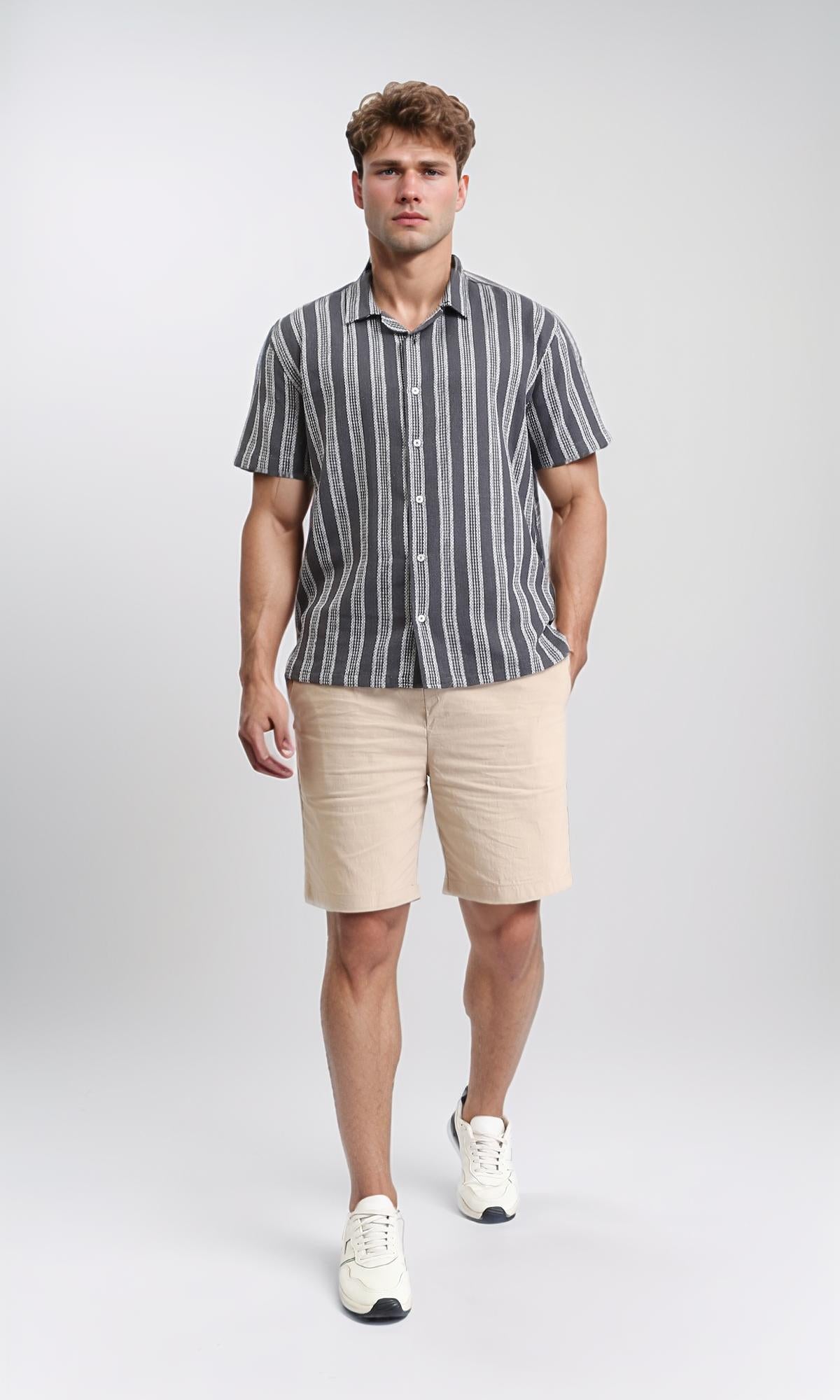 R208104 Striped Short Sleeve Summer Shirt for Men - Dark Grey & White Casual Tee | Perfect for Beach, Vacation & Outdoor Activities