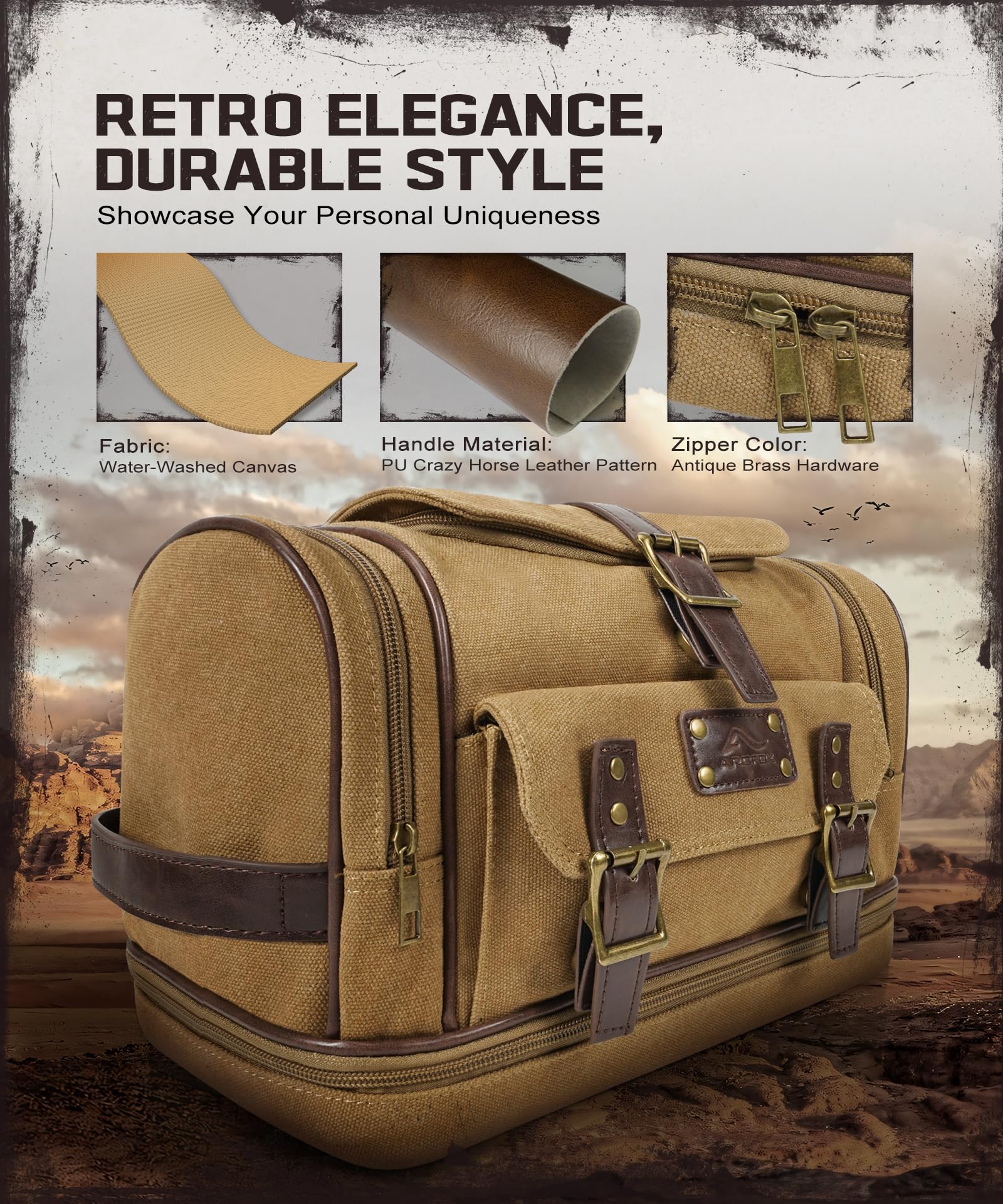 Premium Canvas Hanging Toiletry Bag for Men - 7 Compartment Travel Organizer with Hooks, Large Water-resistant Toiletry Bag for Gym, Camping, Business Trips & Vacation Essentials (Brown)
