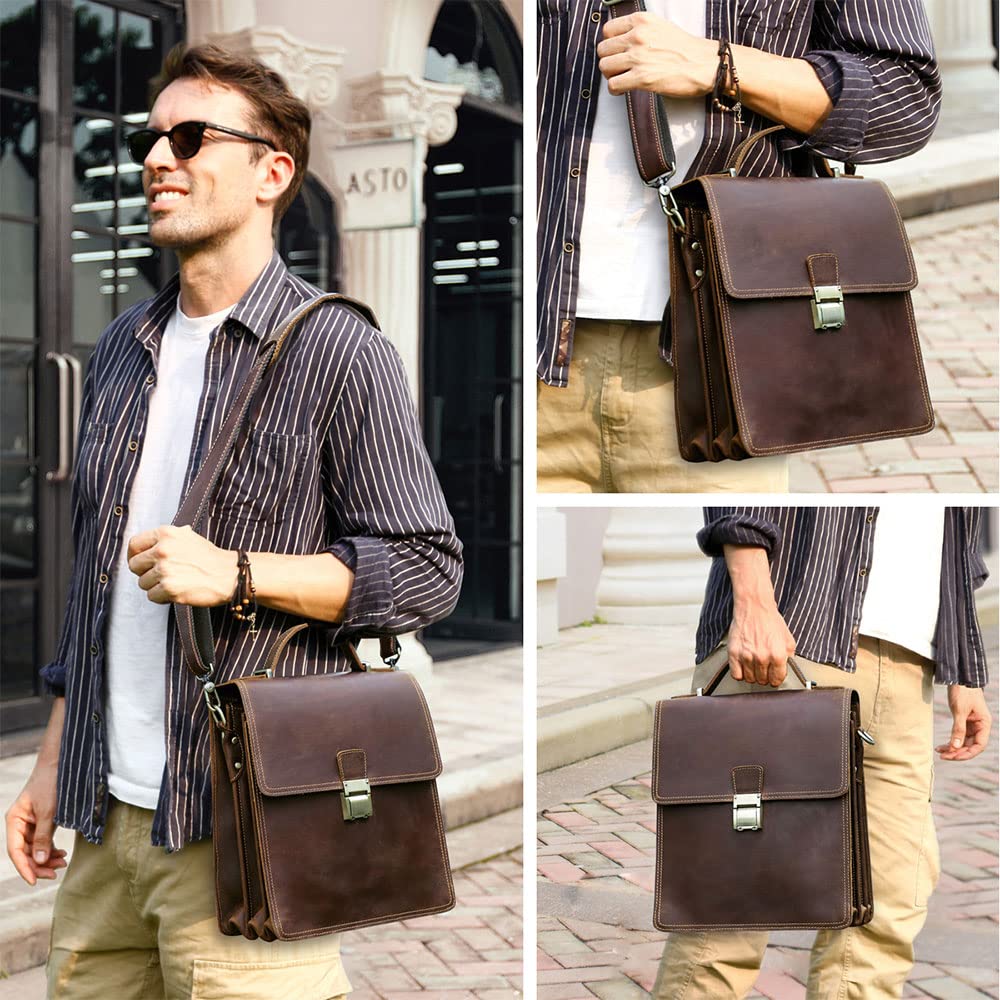 Premium Full Grain Leather Messenger Bag for Men - Secure Lock Briefcase, Travel & Crossbody Shoulder Bag - Ideal for Business, Commuting & Daily Use