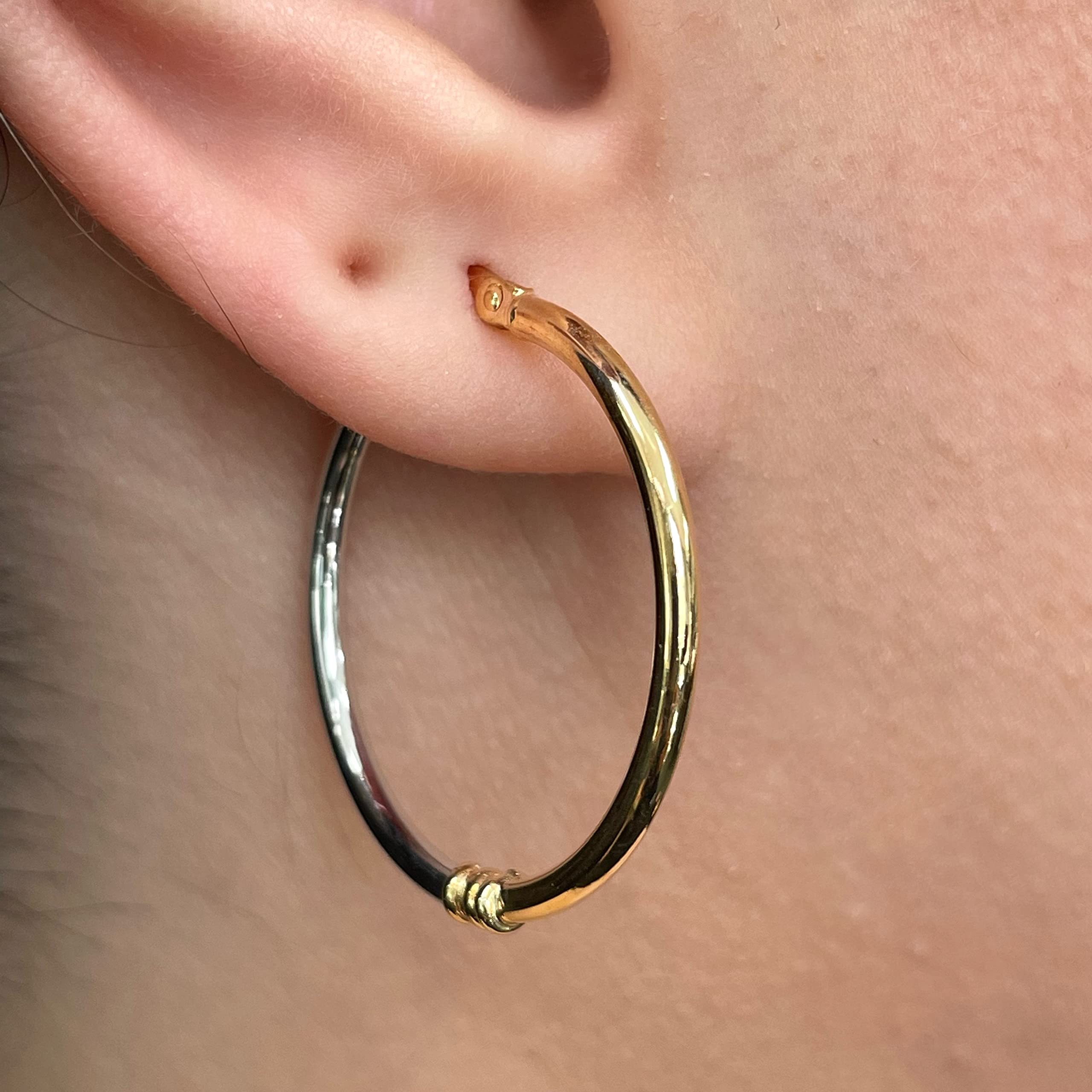 14K Italian Yellow & White Gold Hollow Hoop Earrings for Women - 1.2