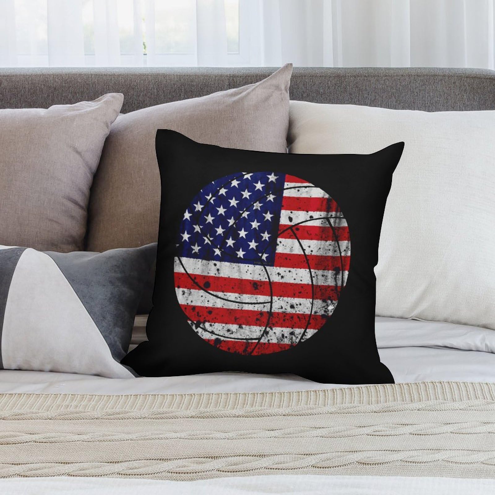 USA Flag Volleyball Plush Pillow Covers - Soft & Smooth 12x12 Inch Cushion Cases for Sofa, Bed, Dorm - Patriotic Home Decor Set of 4 - Perfect for Game Day, 4th of July & Sports Fan Gifts