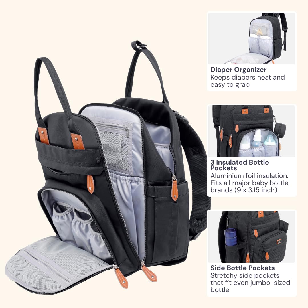 BabbleRoo Waterproof Diaper Backpack - Multifunctional Baby Travel Bag with Changing Pad, Stroller Straps & Pacifier Case - Unisex Black Diaper Bag for Parents - Perfect for Daycare, Travel & On-the-Go Parenting