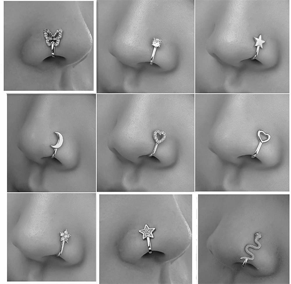 9-Piece Faux Nose Ring Set - Non-Piercing Clip-On Nose Cuffs for Women & Men | Silver Fake Nose Rings | Body Jewelry Gift for Parties, Halloween & Cosplay