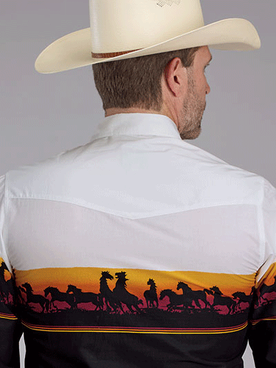 Roper Men's Sunset Horse Border Print Shirt - Black Western Cowboy Shirt for Casual Wear, Rodeo & Country Events