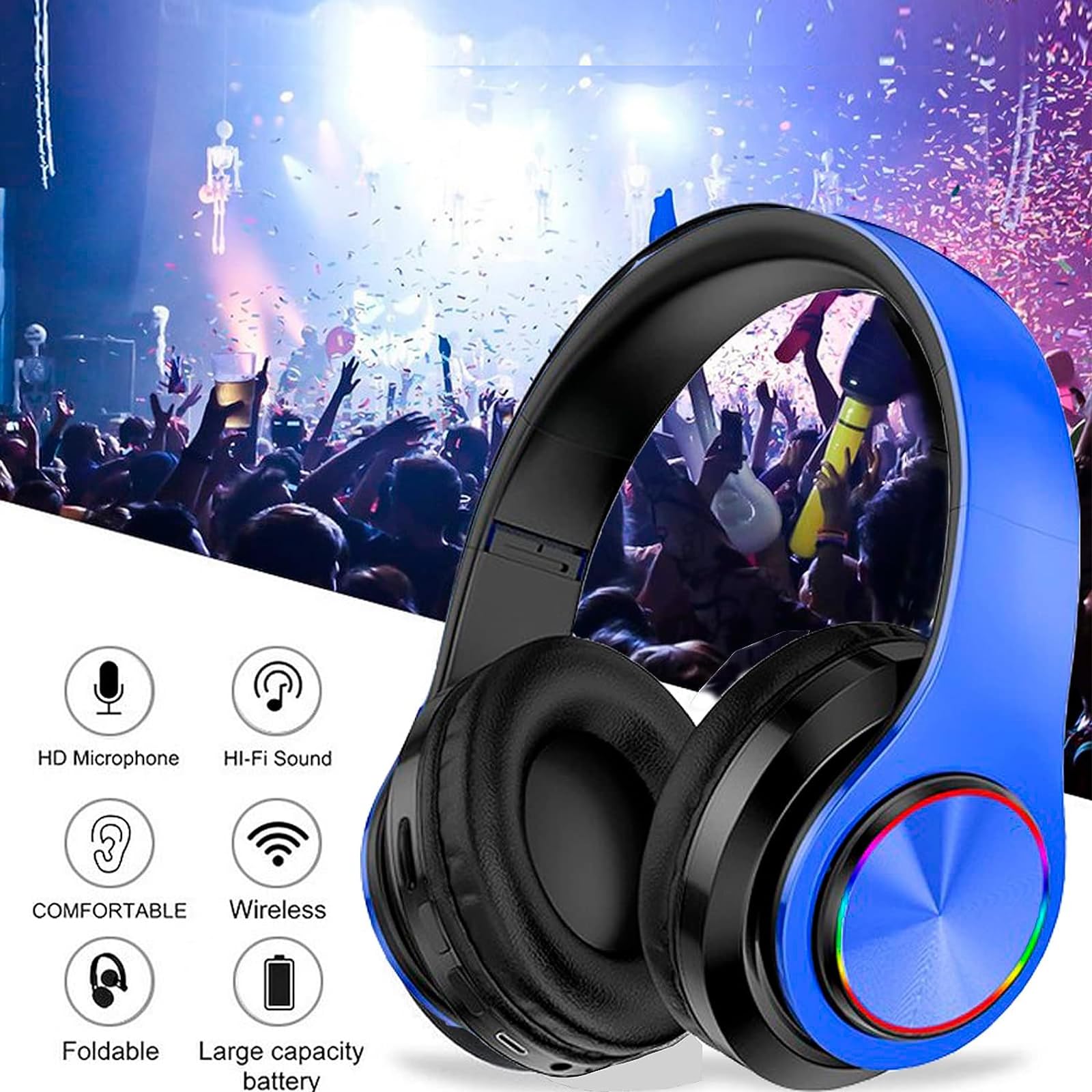 Kids Bluetooth Headphones with Colorful LED Lights - Wireless Over-Ear Headphones with Built-in Mic, Foldable Lightweight HiFi Stereo Sound for School, Gaming, Travel & Home Use - Perfect Gift for Boys & Girls (Blue)