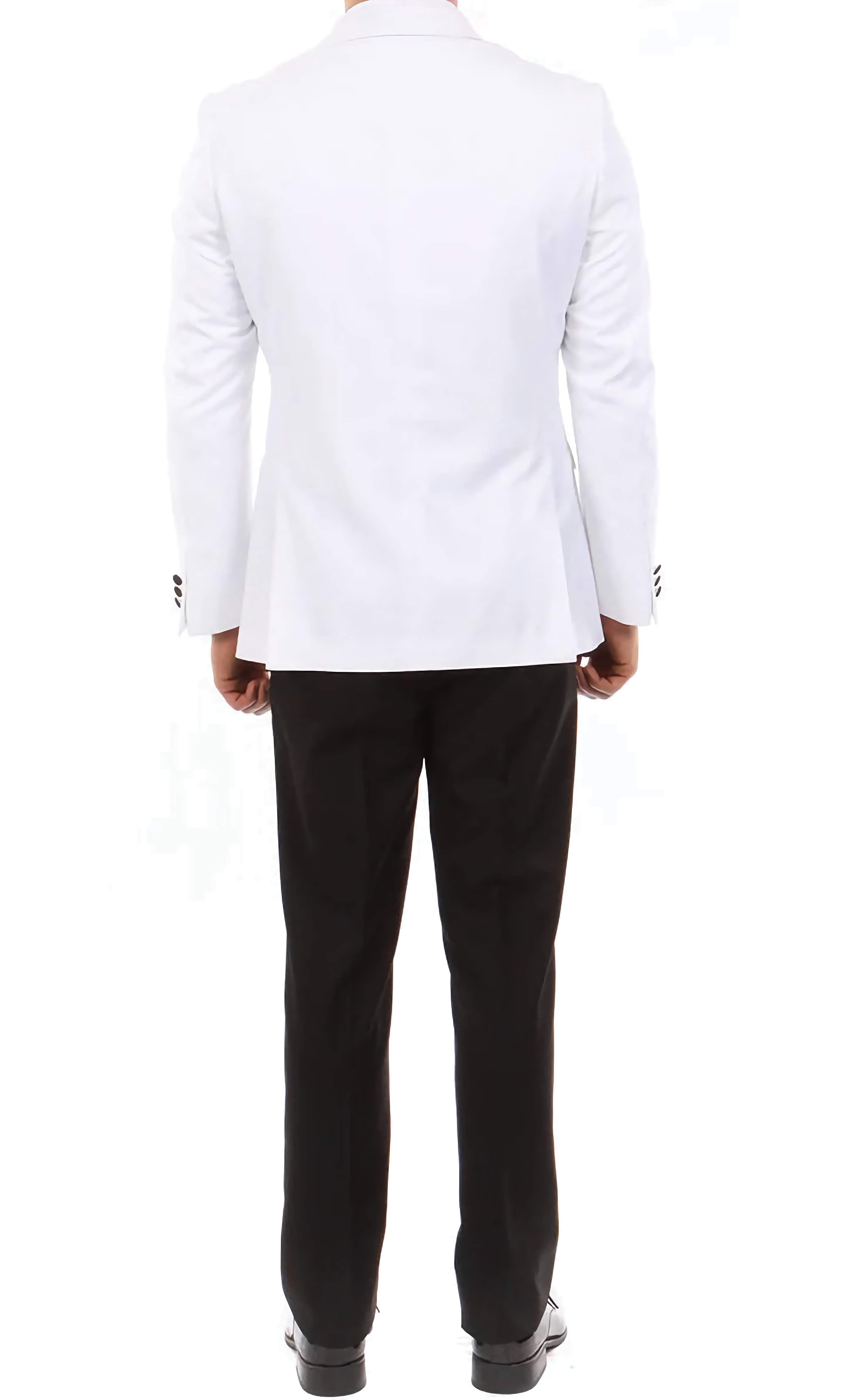 Double Breasted Slim Fit White Tuxedo with Black Satin Peak Lapel - Perfect for Weddings, Prom & Formal Events