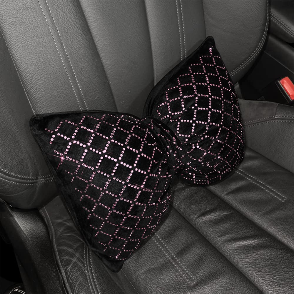Sparkling Rhinestone Bowknot Lumbar Support Pillow for Car - Pink Luxury Car Seat Cushion for Women | Comfortable Back Support for Long Drives & Road Trips