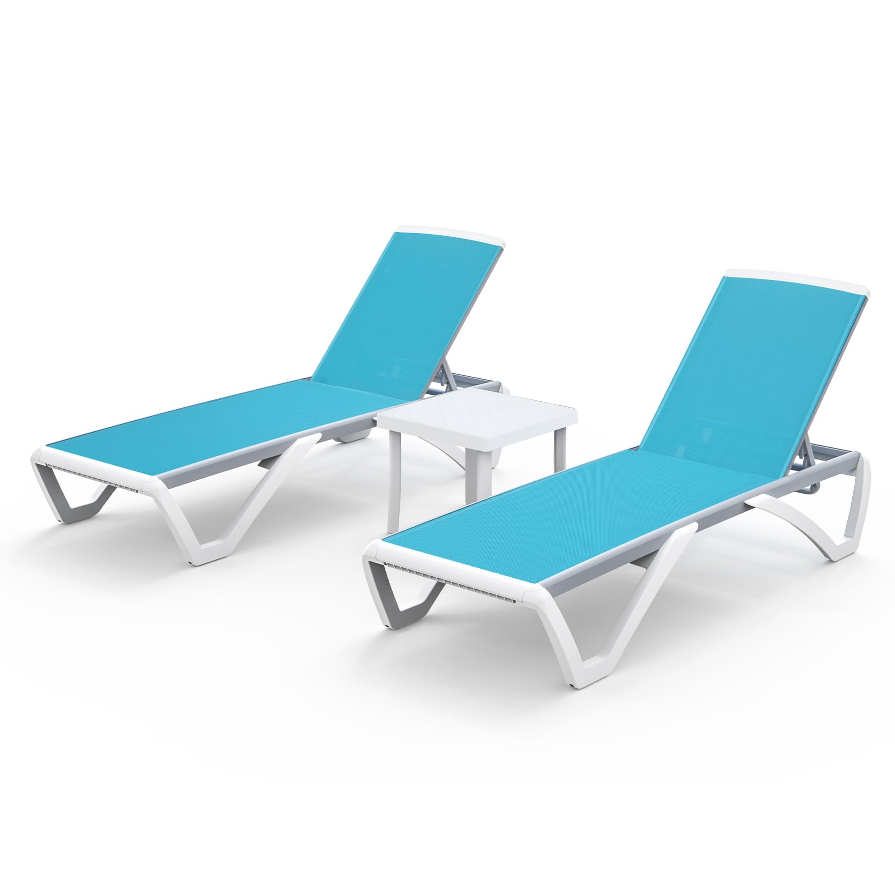 Domi Outdoor Chaise Lounge - Lightweight Aluminum Adjustable Patio Chair with Side Table, Waterproof Plastic Pool Lounge for Backyard, Beach & Poolside Relaxation (Set of 2 Aqua Blue Lounges)