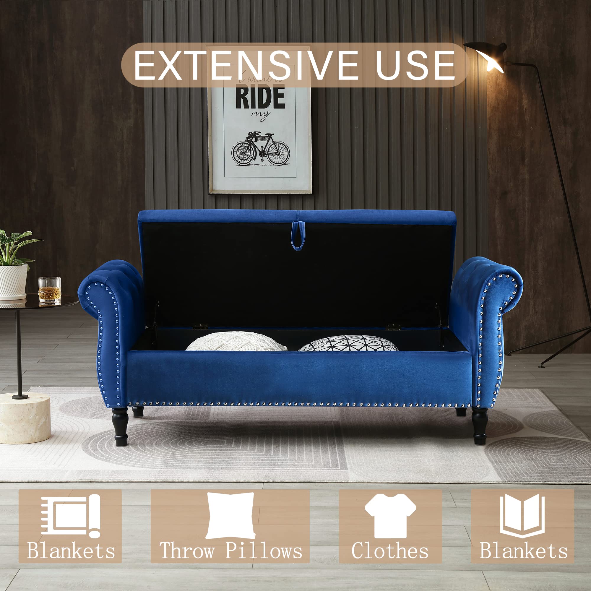 Homtique Velvet Storage Ottoman Bench with Nailhead Trim - Large Upholstered Footrest Seat with Hidden Storage for Living Room, Bedroom, Entryway (Blue) | Perfect for Extra Seating, Shoe Storage & Home Decor