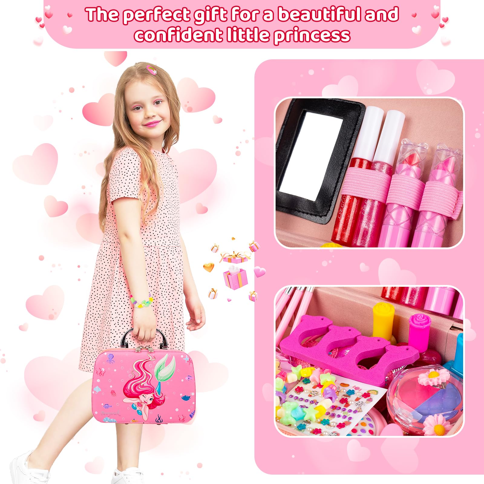 Beeyouk Girls Makeup Set - Princess Toy Makeup Kit for Kids Ages 3-9, Washable & Safe Cosmetic Play Set with Carrying Case - Perfect Birthday Gift for Toddlers & Little Girls (Ideal for Dress-Up, Pretend Play & Party Fun)