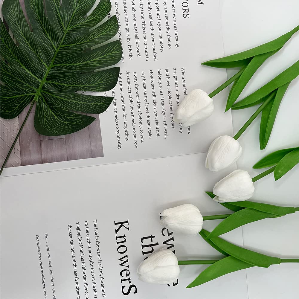 10 Pcs Realistic PU Touch Tulips Artificial Flowers - White Fake Tulip Bouquets for Home, Office, Wedding & Party Decor (Perfect for Centerpieces, Table Arrangements & Gift Wrapping)