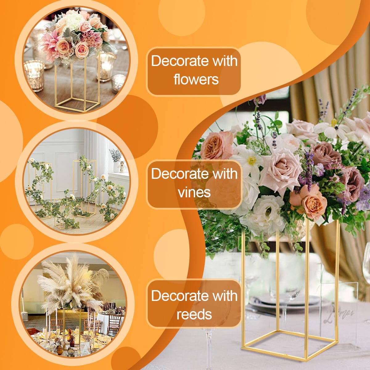 10-Piece Gold Geometric Metal Column Floral Vase Set - 23.6 Inch Wedding Centerpieces for Tables, Birthday Party & Home Event Decorations - Elegant Flower Stands for Weddings, Anniversaries and Special Occasions
