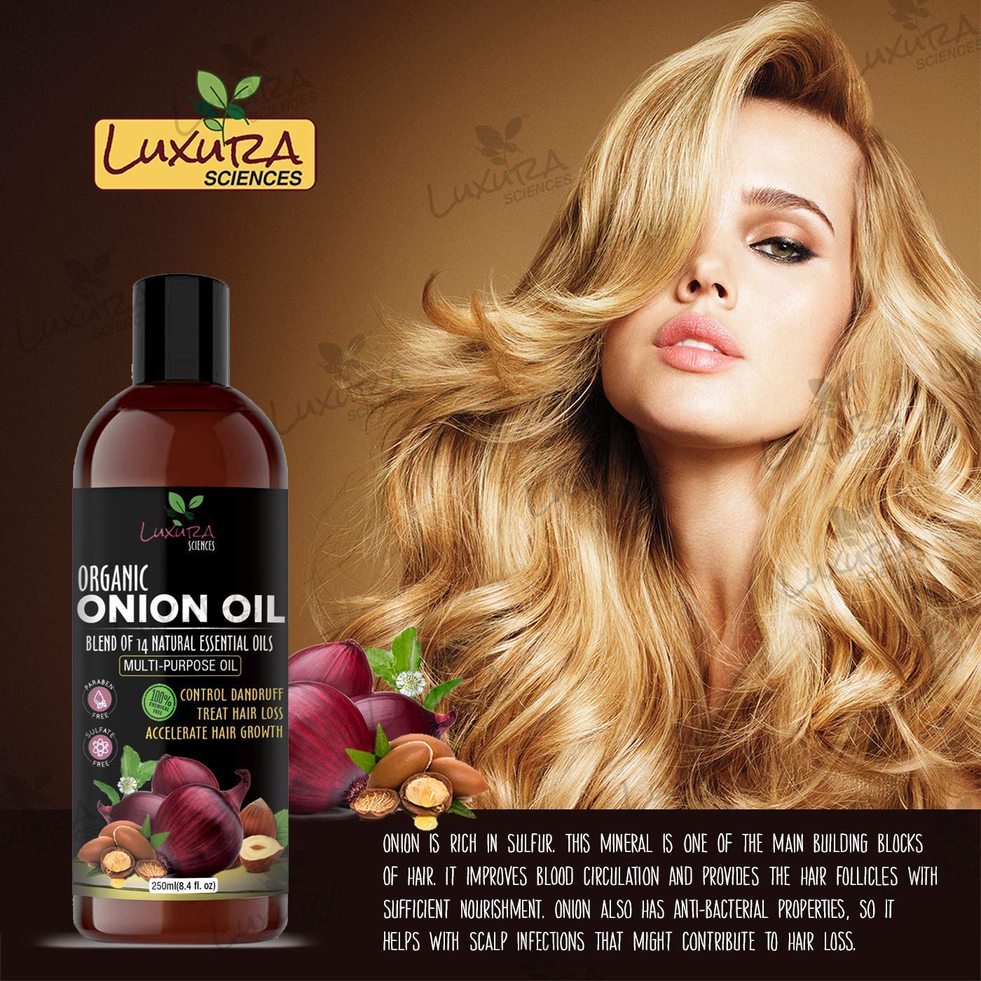 Onion Hair Oil 250ml with 14 Essential Oils - Multi-Purpose Hair Growth Serum with Argan Oil for Dry, Damaged Hair Treatment - Pack of 2 | Promotes Thicker, Longer Hair for Men & Women | Perfect for Daily Nourishment & Scalp Massage