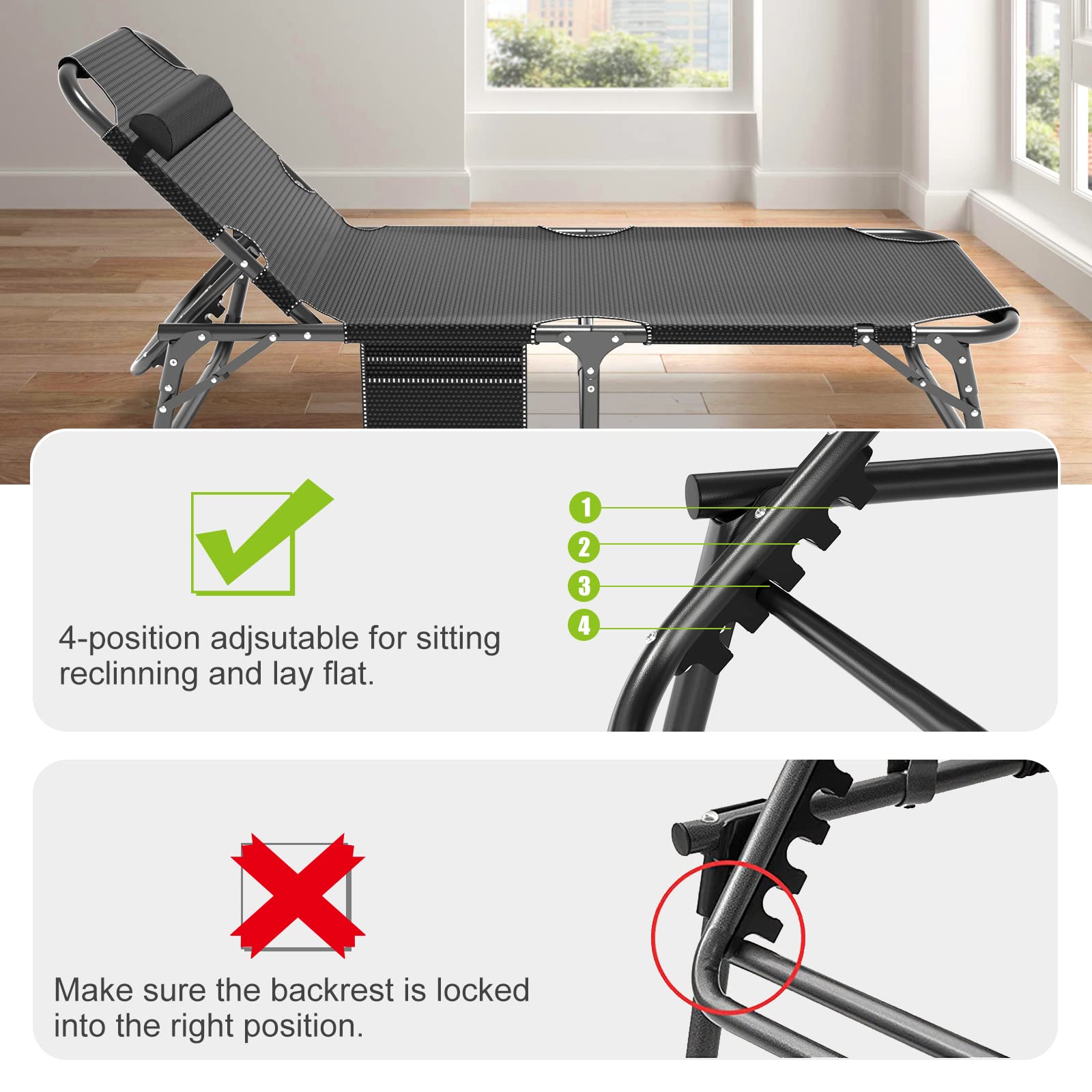 LILYPELLE 5-Position Adjustable Folding Lounge Chair with Mattress - Portable Outdoor Chaise Lounge for Sunbathing, Camping, Beach, Pool & Patio - Perfect for Relaxing, Travel & Backyard Lounging