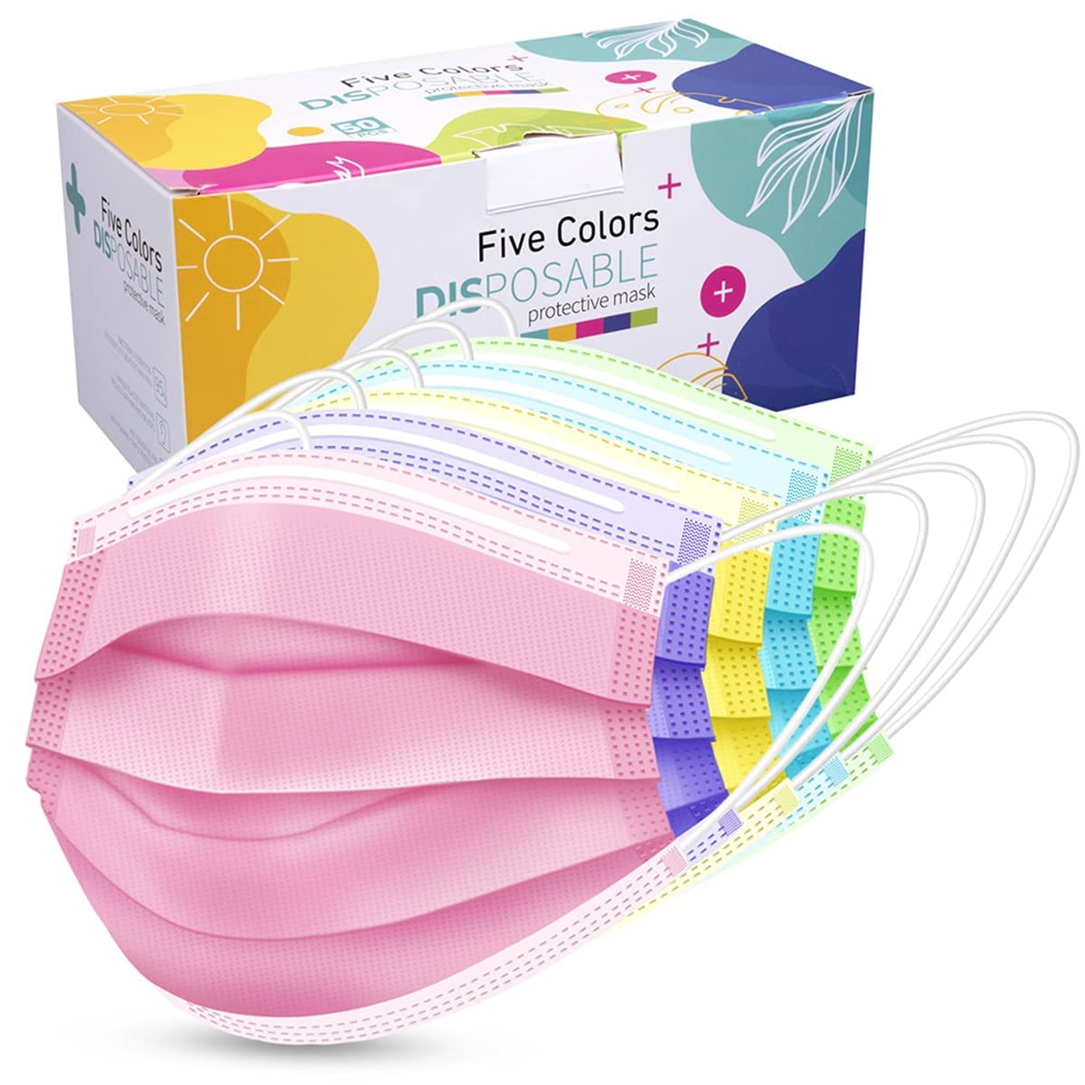 ZTANPS Disposable Non-Woven Face Masks for Men & Women - 50 Pack, Assorted Colors (Pink, Purple, Yellow, Green, Blue), Breathable & Comfortable - Perfect for Daily Use, Travel, Work, and Public Safety Protection