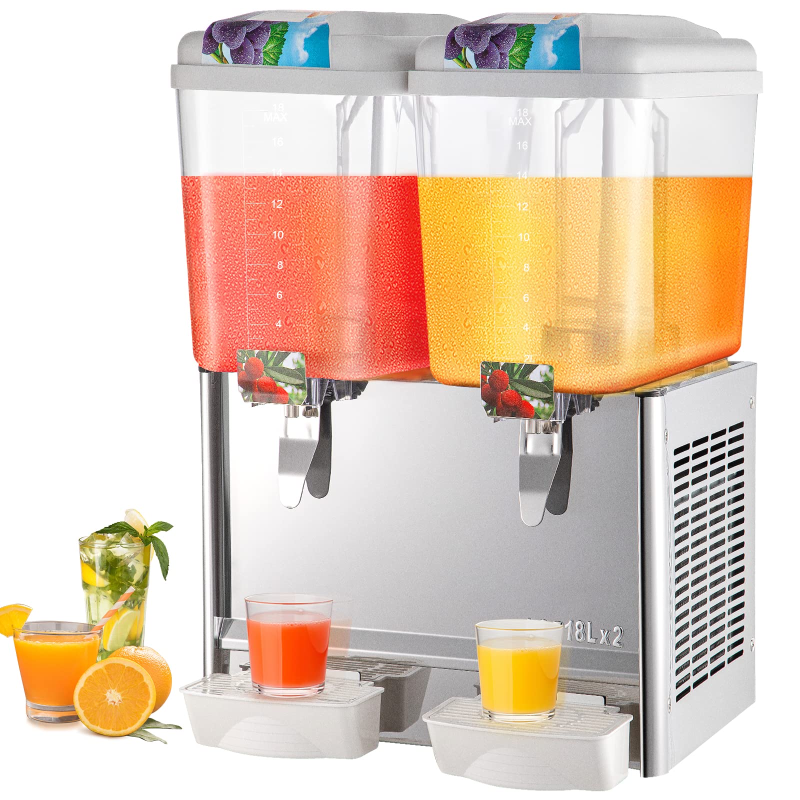 VEVOR 9.5 Gallon Commercial Beverage Dispenser - 2 Tanks, 300W, Stainless Steel, Food Grade, with Thermostat Controller - Perfect for Cold Drinks, Iced Tea, Lemonade at Restaurants, Cafes, Parties & Events