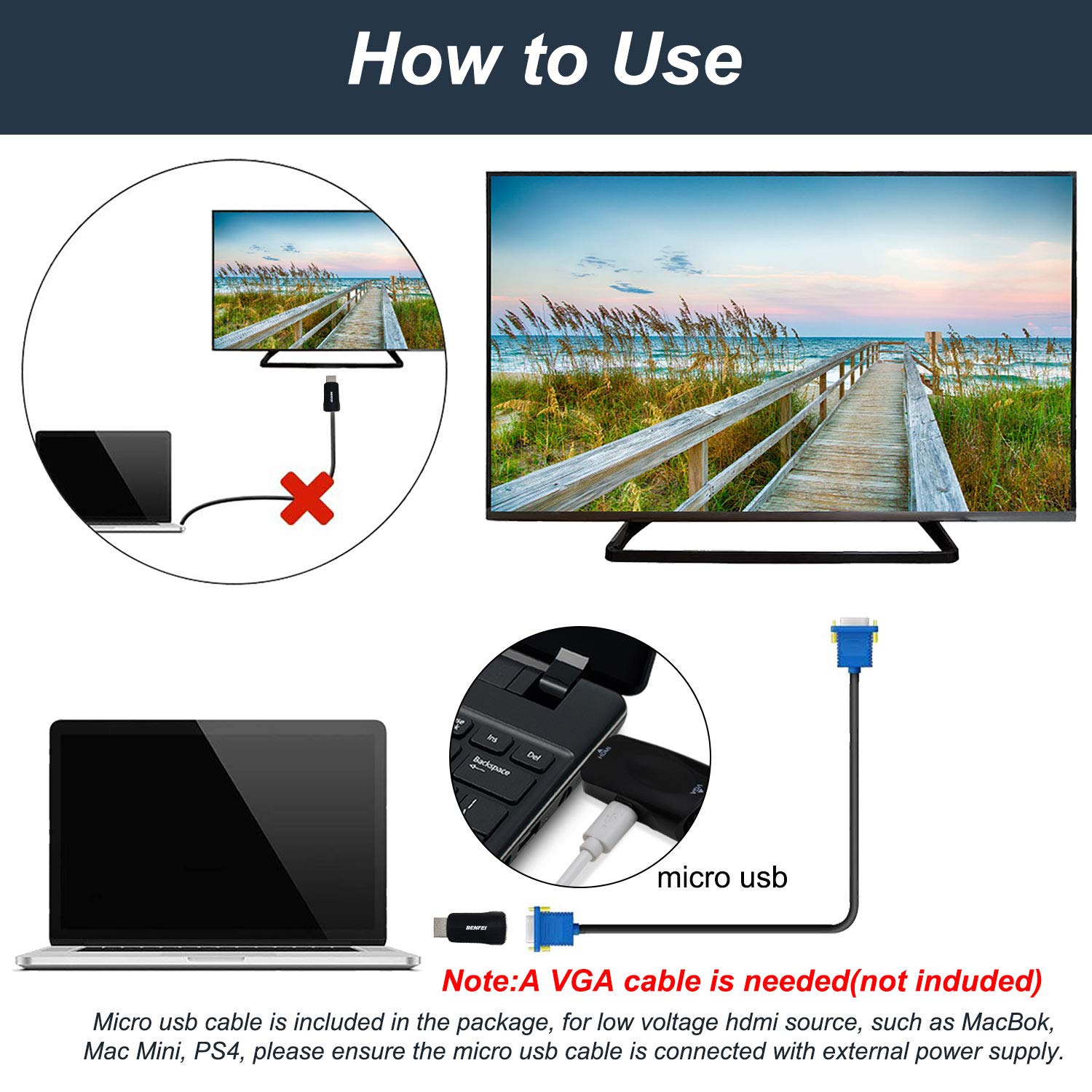 Premium HDMI to VGA Adapter Gold-Plated - for PC, Laptop, Monitor, Gaming