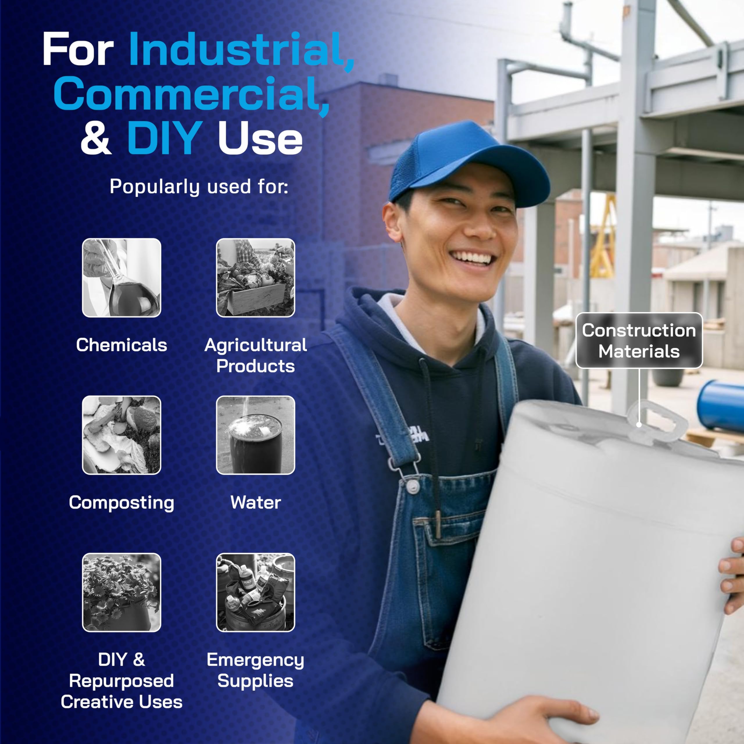 15 Gallon UN Rated Closed-Head Poly Drum with Screw Cap - Heavy Duty Plastic Barrel for Industrial, Commercial & International Shipping - Ideal for Chemical Storage, Liquid Transport and Warehouse Organization