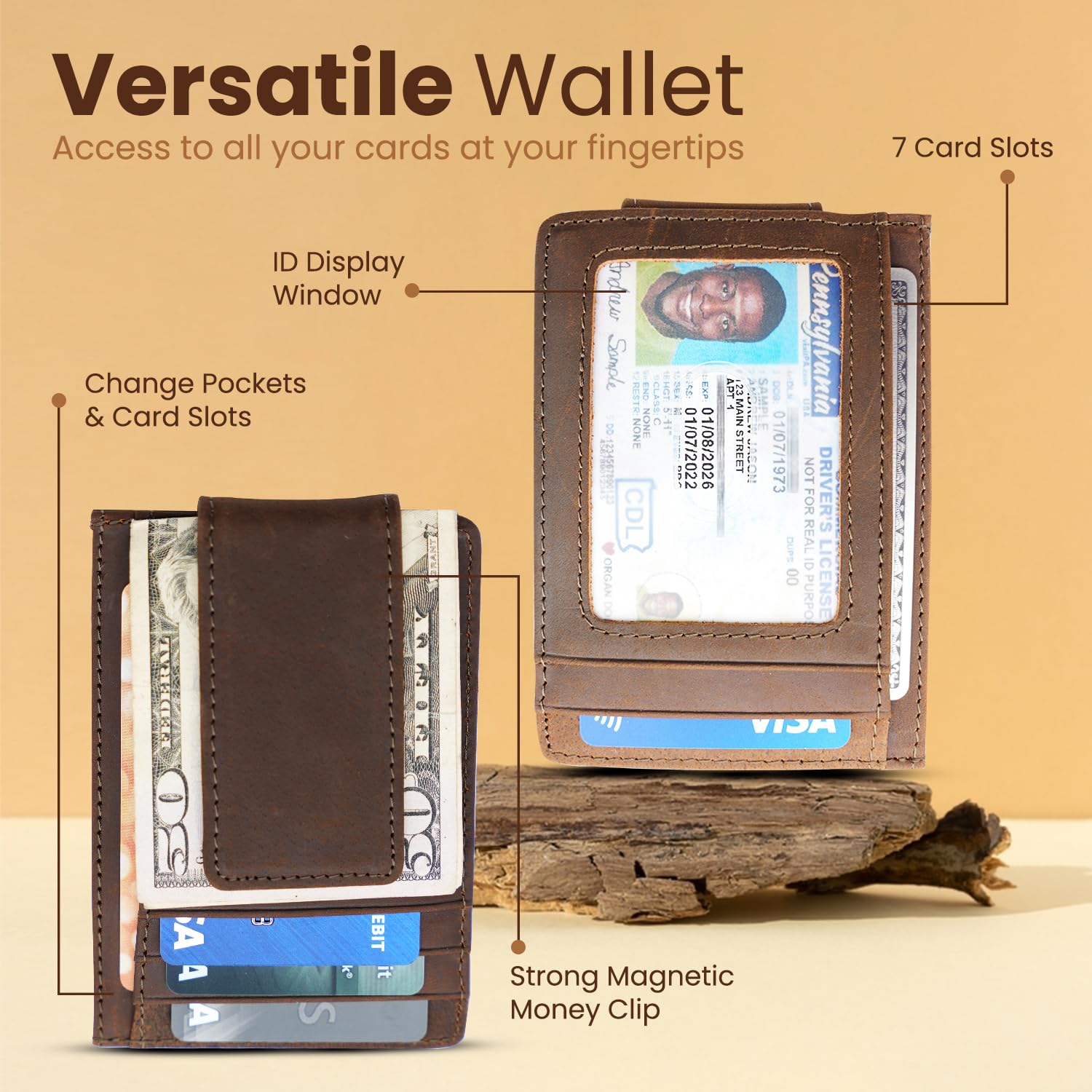 Personalized Leather Magnetic Money Clip Wallet for Men - RFID Blocking Credit Card Holder with ID Window & Strong Magnetic Clip - Laser Engraved Minimalist Wallet (Dark Brown) - Perfect Gift for Business Travel & Everyday Carry