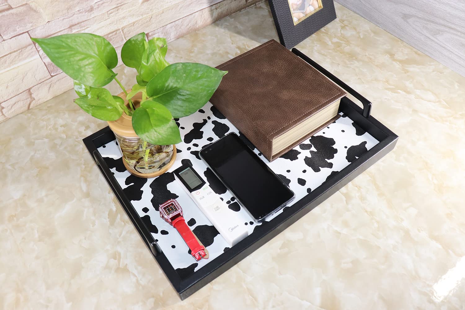 MCBZ Leather Decorative Serving Tray for Coffee Table - 16.5 x 12.6 Inches Black Tray with Metal Handles - Perfect for Living Room Decor, Dining Table Centerpiece & Gift Giving