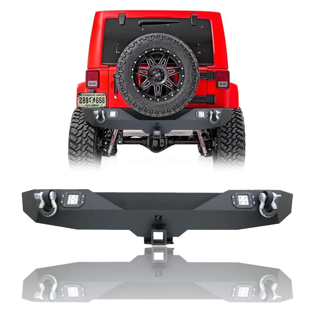 2007-2018 Jeep Wrangler JK/JKU Black Textured Steel Rear Bumper with LED Lights & D-Rings (Excludes 2018 JL Model) - Off-Road Protection & Towing Accessory