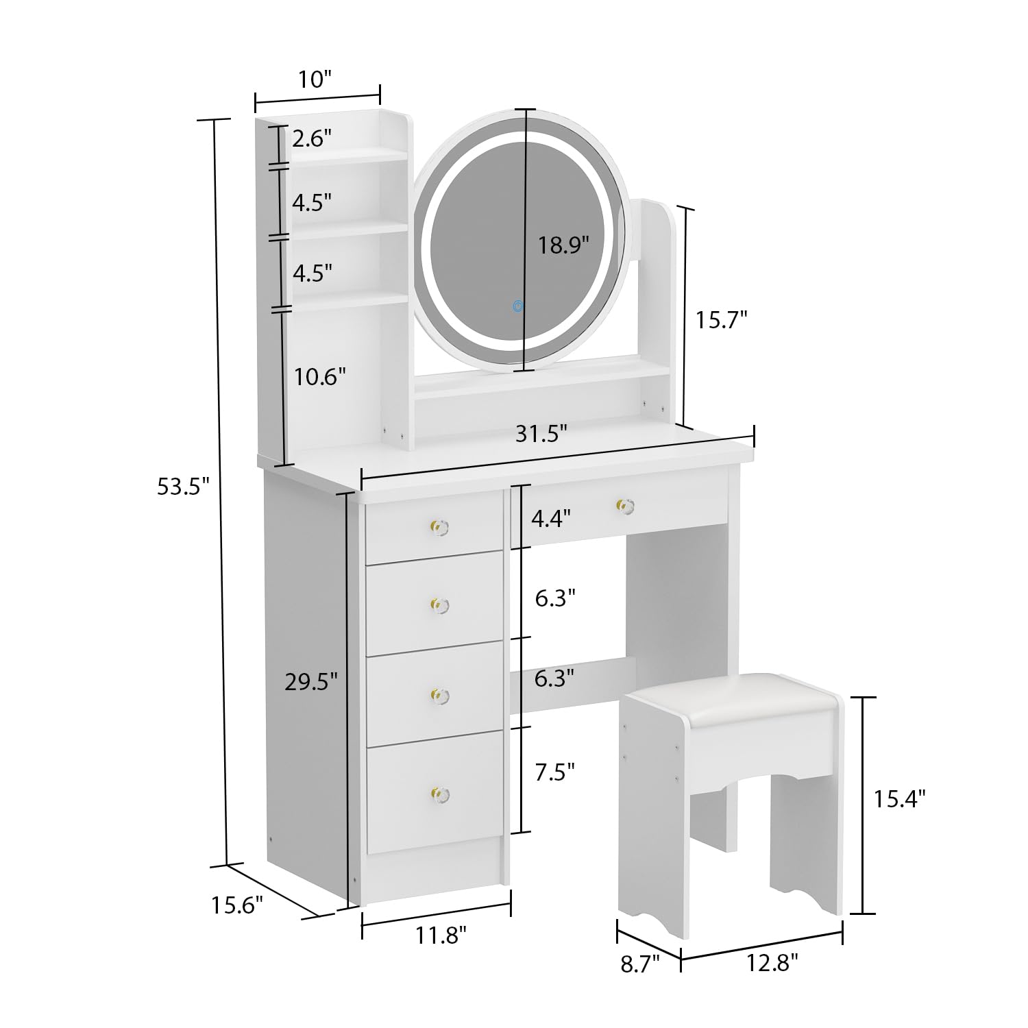 Vanity Desk Set with LED Lighted Mirror, 5-Drawer Makeup Dressing Table with Storage Shelves & Cushioned Stool - White Bedroom Furniture for Women's Beauty & Cosmetics Organization | Perfect for Small Spaces, Apartment Decor & Morning Makeup Routine