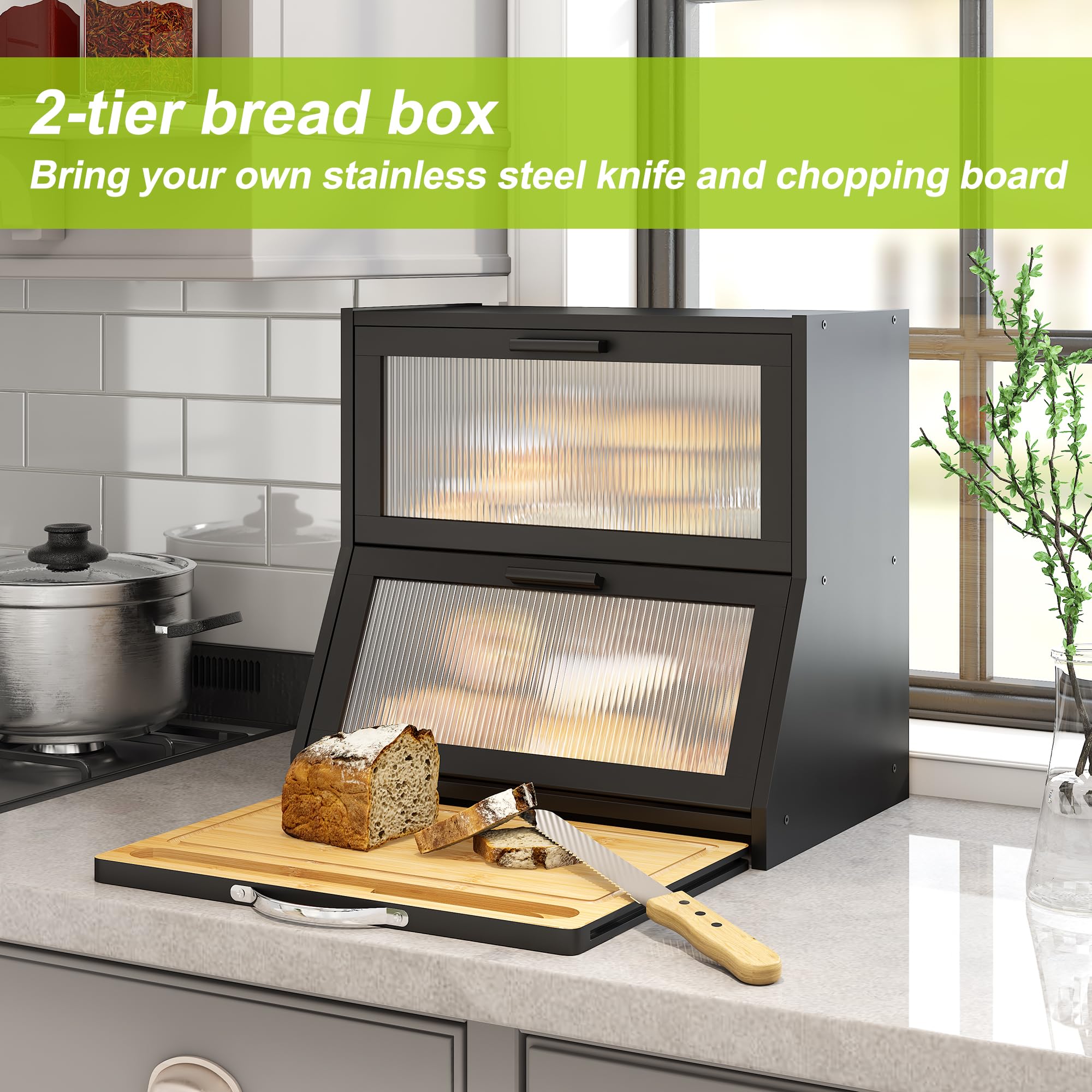 BMOSU Double-Layer Large Bamboo Bread Box with Cutting Board & Frosted Glass Window - Kitchen Countertop Storage for Bread, Pastries & Baked Goods (Black) - Perfect for Home Bakeries & Modern Kitchens