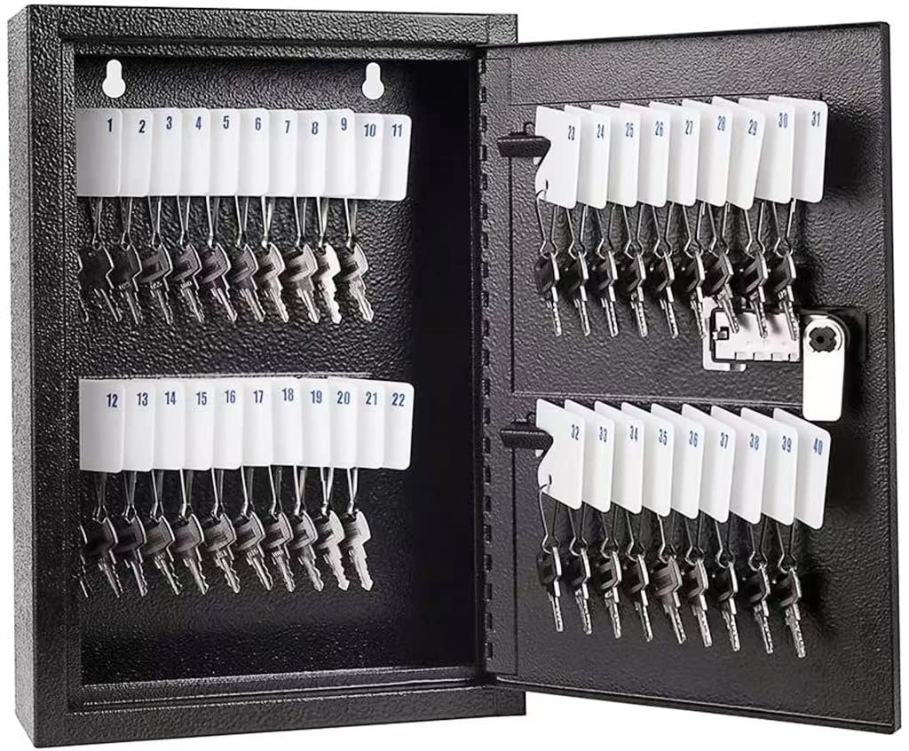 Wall Mount Key Storage Box with Combination Lock - 40 Key Hooks, Steel Key Cabinet for Home & Office Security (Black) | Ideal for Key Organization in Apartments, Hotels, and Rental Properties