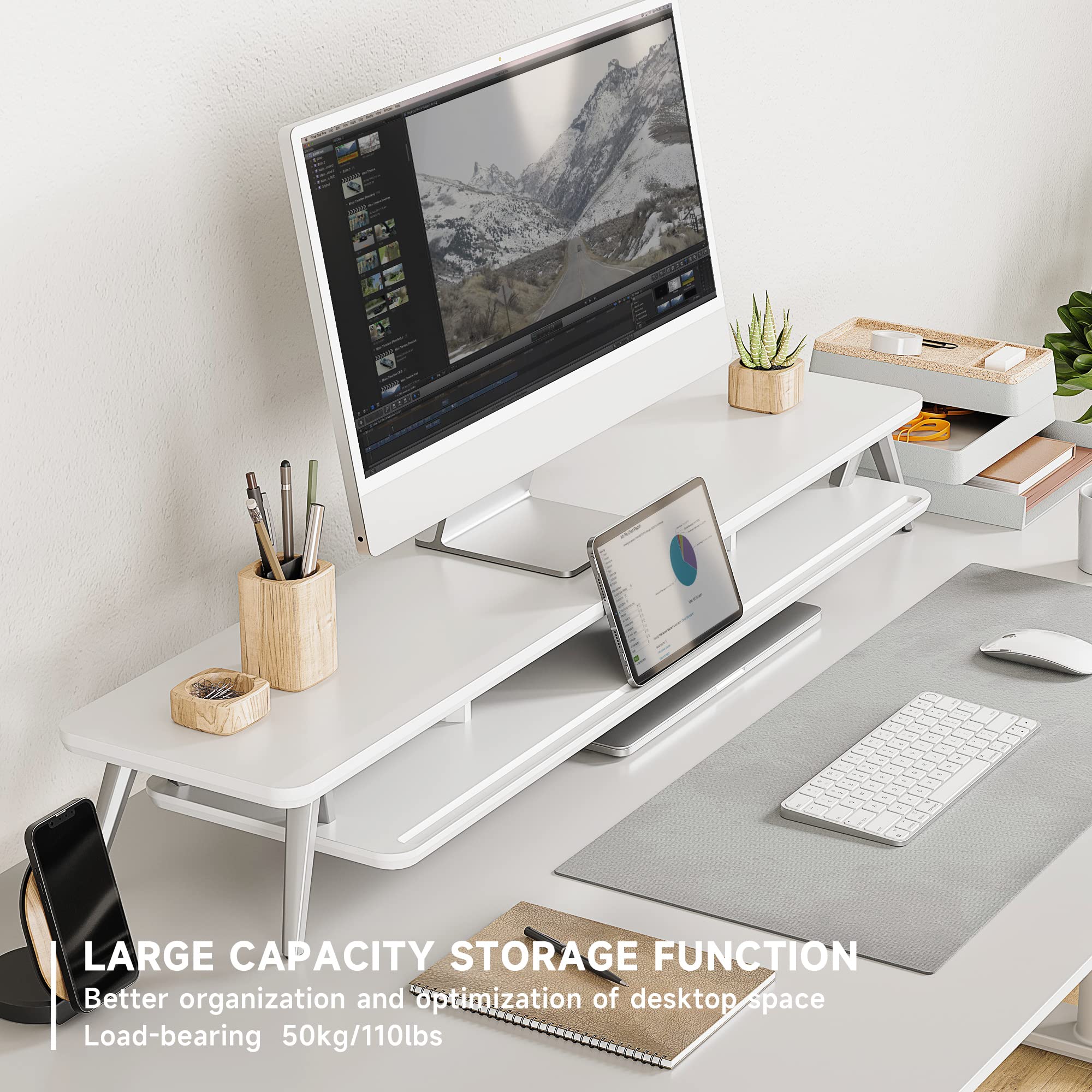 Dual Monitor Stand for 2 Screens - 42.5 Inch Wooden Desk Shelf with Storage Organizer & Cable Management | Perfect for Home Office Setup, Gaming Station & Workspace Accessories
