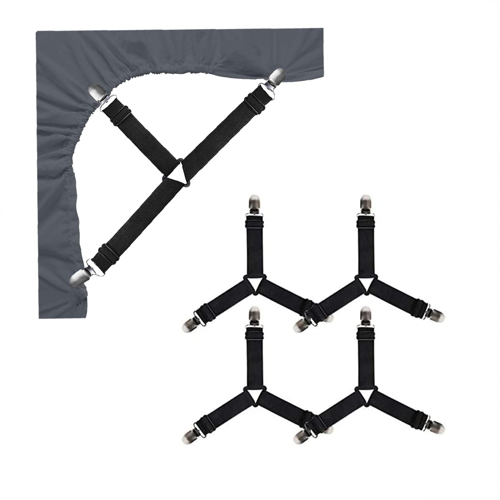 Resdenio 4-Pack Adjustable Elastic Bed Sheet Straps - Secure Fitted Sheets, Sofa Cushions & Mattress Covers - Triangle Suspenders with Strong Grippers for Home, Hotel & RV Use