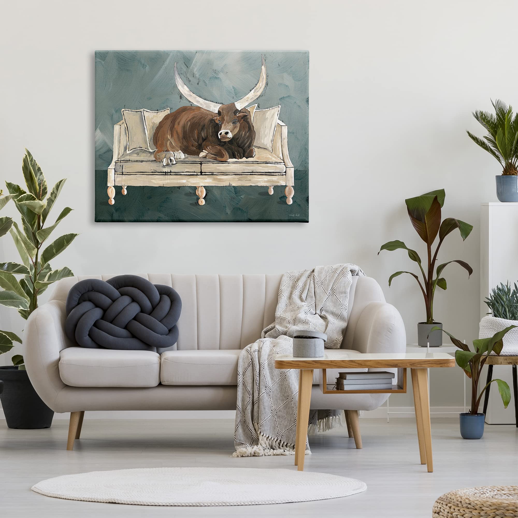 Stupell Industries Longhorn Bull Canvas Wall Art - 48x36 Inches, Green & Gray Western Decor for Living Room, Bedroom, or Office - Designed by Cindy Jacobs | Perfect for Ranch, Farmhouse & Cowboy Themed Interiors