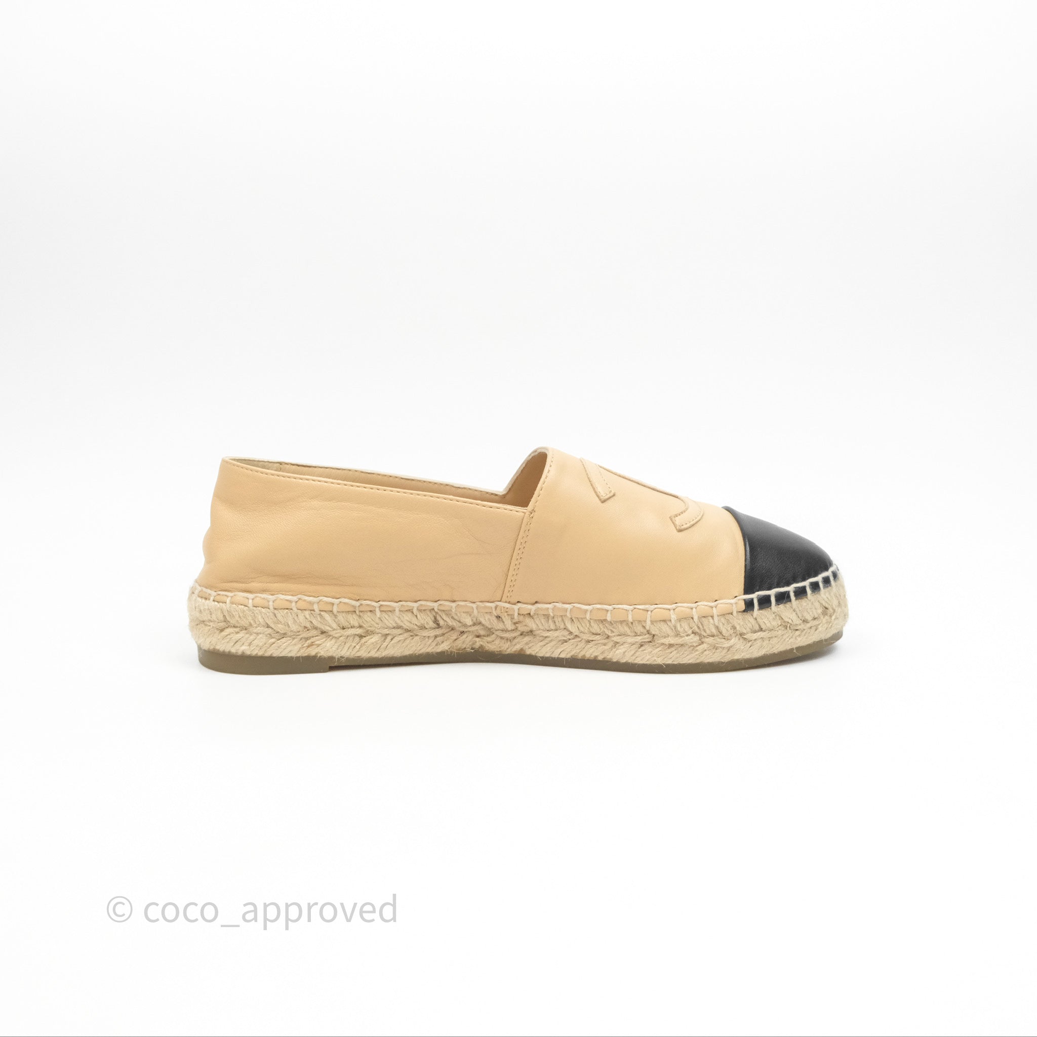 Chanel CC Logo Espadrilles in Beige & Black Lambskin - Women's Size 38 | Comfortable Summer Flats for Beach, Vacation & Casual Outings