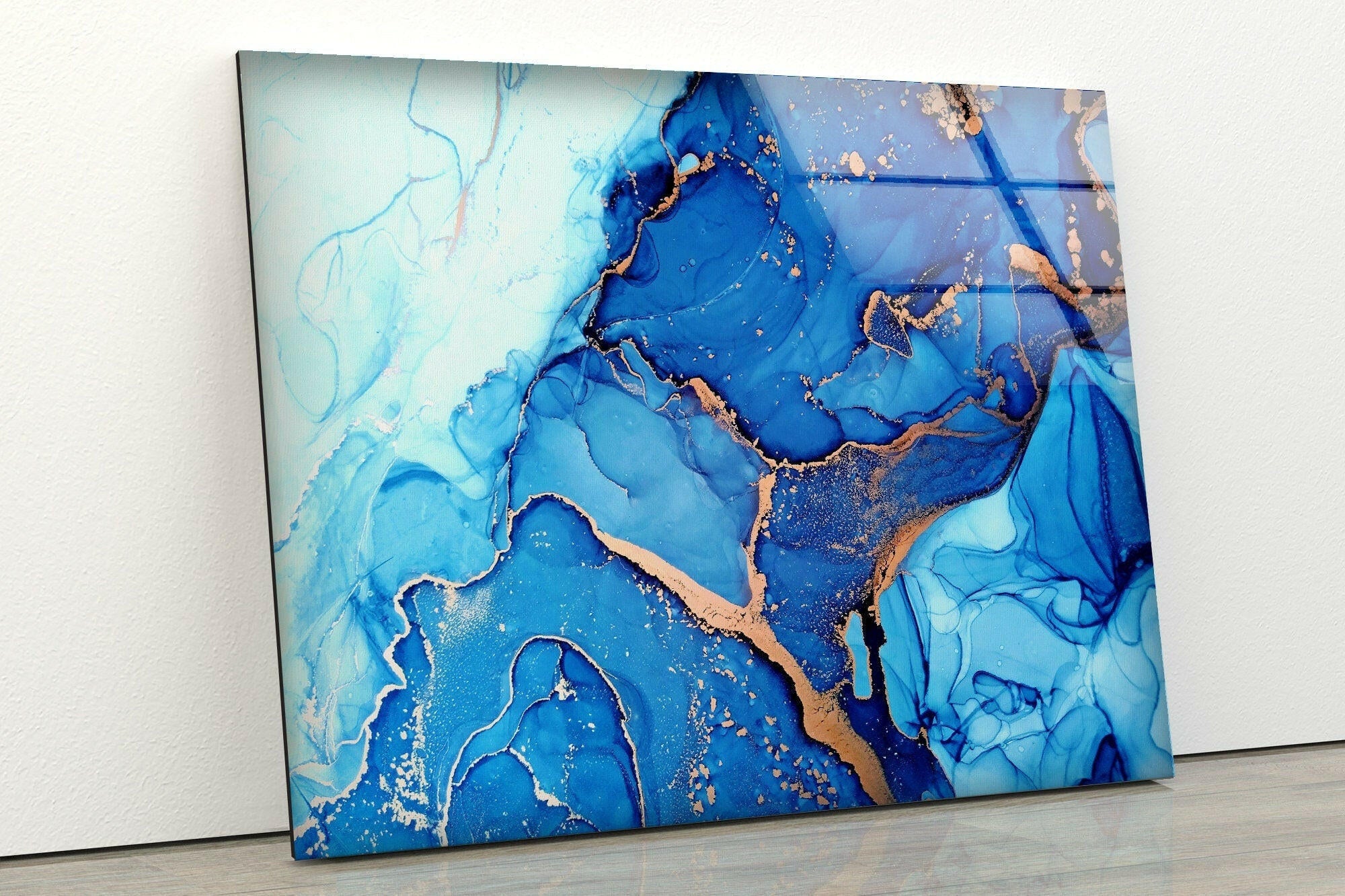Blue Abstract Liquid Ink Art Glass Wall Decor - Modern Home & Office Decoration for Living Room, Bedroom, or Workspace