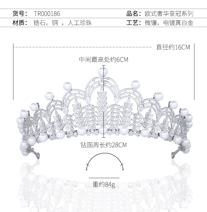 Big Cubic Zirconia Princess Tiara with Pearls - Elegant Bridal Headpiece Accessory for Weddings, Prom & Pageants | TR00168