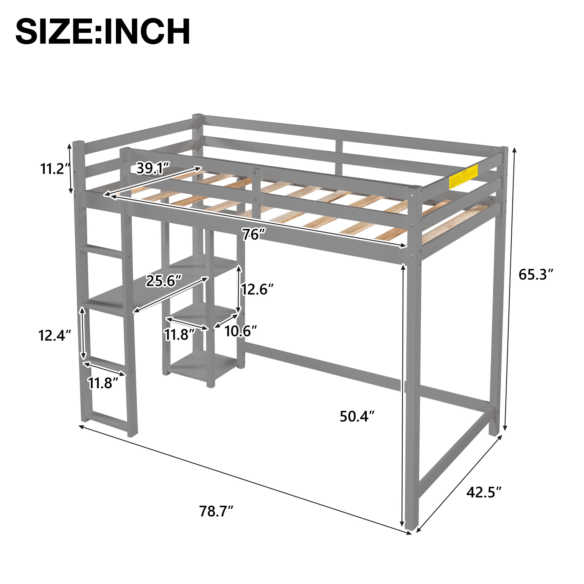 RUNNA Twin Size Loft Bed with Storage Shelves & Under-Bed Desk - Sturdy Wood Loft Bed Frame with Full-Length Guardrail & Built-in Ladder - Space-Saving Kids/Teens/Adults Bedroom Furniture (Gray) - Perfect for Small Rooms, Dorms & Apartments