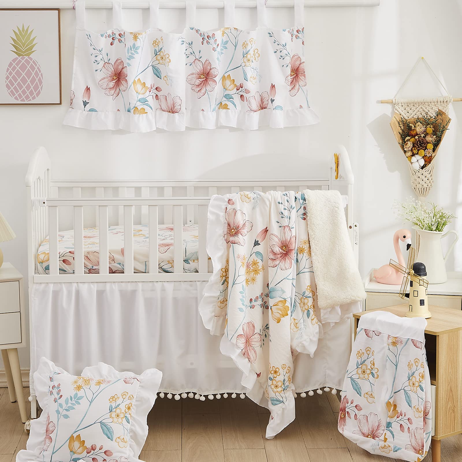 Brandream Girls Floral Crib Bedding Set - 6 Piece Farmhouse Nursery Bedding with Baby Blanket & Boho Sheet - 100% Washed Cotton for Cozy & Stylish Baby Nursery Decor | Perfect for Newborns, Infants & Toddlers