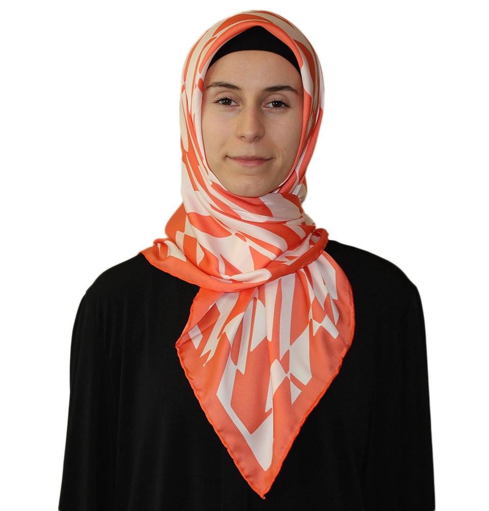 Aker Satin Square Hijab Scarf 6749 965 Orange & White - Soft Muslim Headscarf for Women, Breathable Fashion Accessory for Daily Wear, Work, and Special Occasions