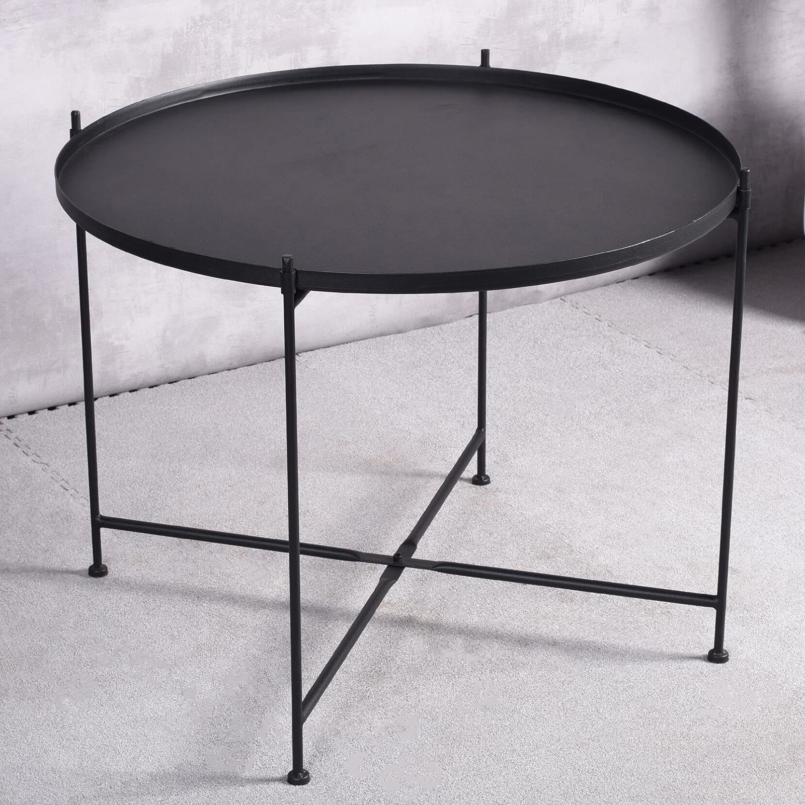 Round Side Table with Tray Top - Metal Folding Accent Coffee Table - Waterproof & Rustproof for Indoor & Outdoor Use - 21.65
