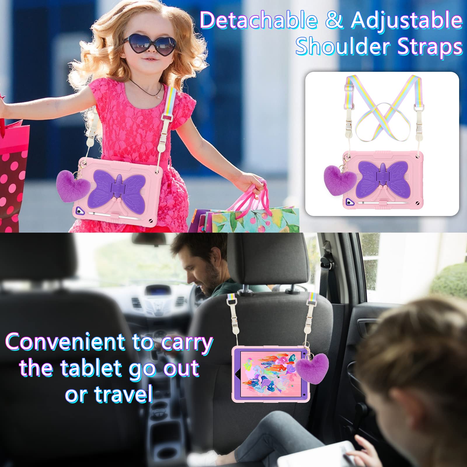 Premium Shockproof iPad 9.7 Case for 6th/5th Gen & Air 2 - Butterfly Kickstand, Screen Protector, Pencil Holder & Lanyard - Cute Pink & Purple Protective Cover for Girls & Kids - Perfect for School, Travel & Daily Use