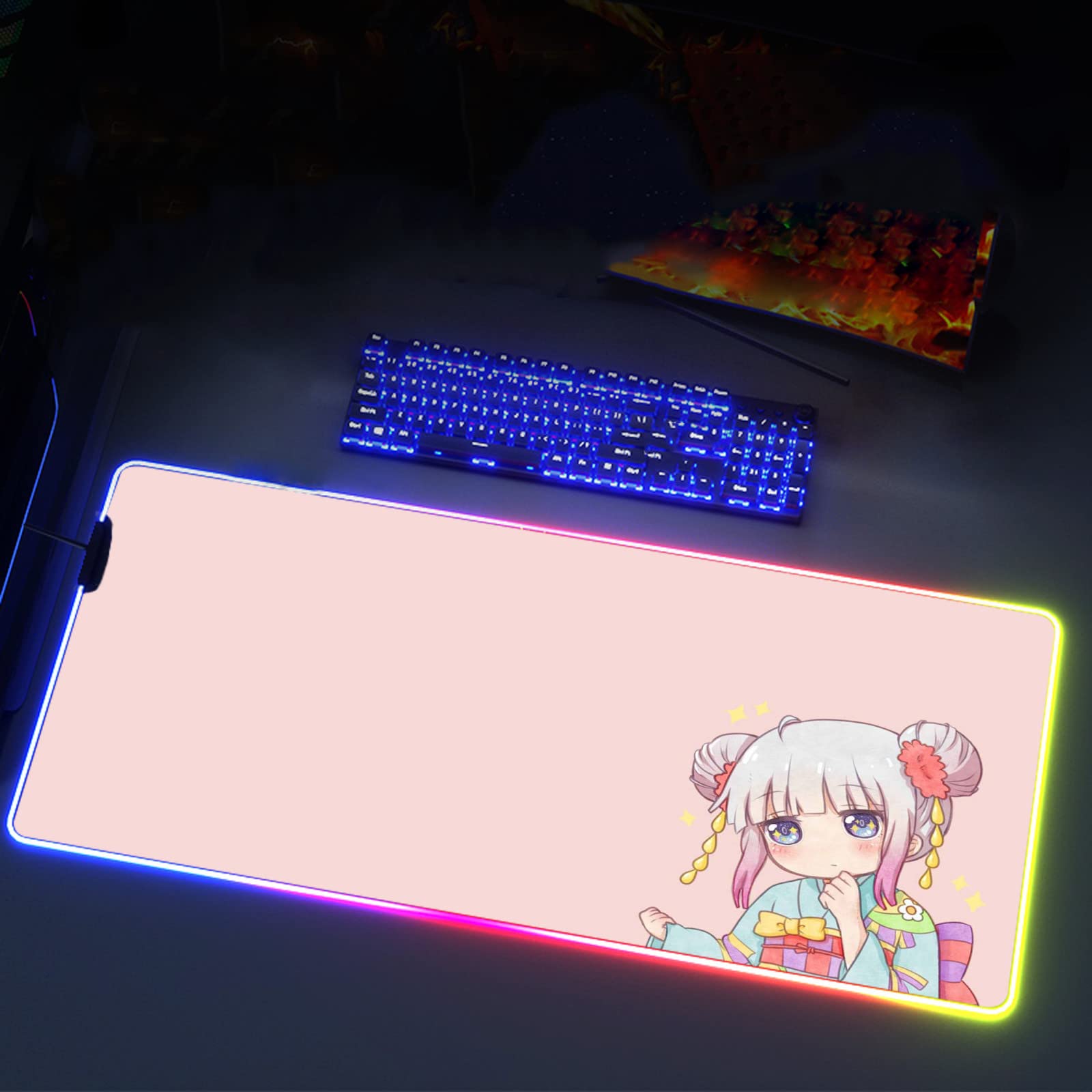 Anime Pink Dragon Girl RGB Gaming Mouse Pad - Large LED Mouse Mat with Anti-Slip Rubber Base (11.8