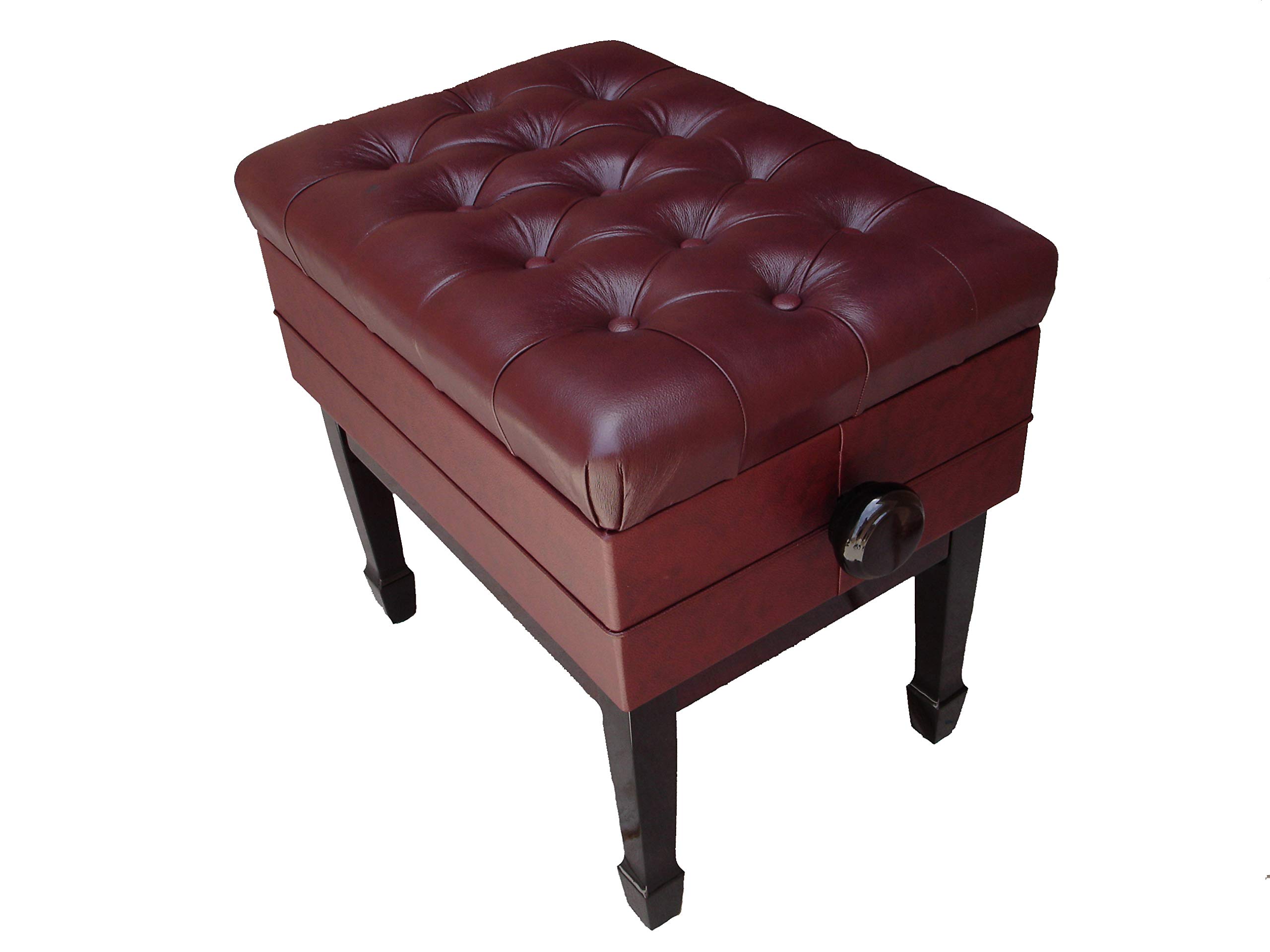 Premium Genuine Leather Adjustable Piano Bench - Mahogany Satin Finish with Music Storage - Perfect for Home Studios, Music Schools & Concert Halls
